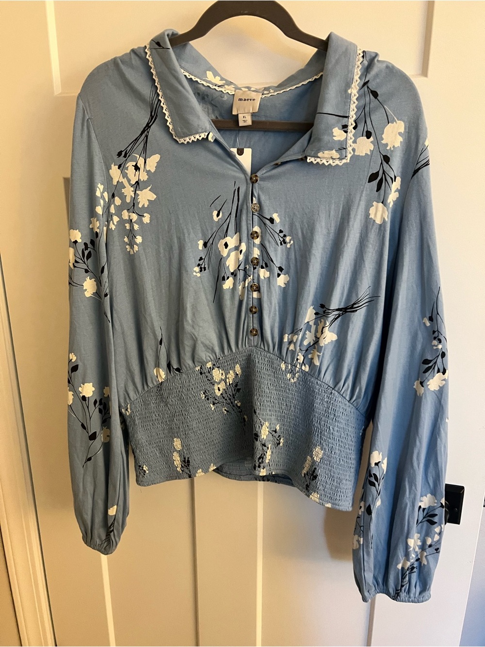 Maeve Light Blue Floral Button-Down Smocked Hem Blouse